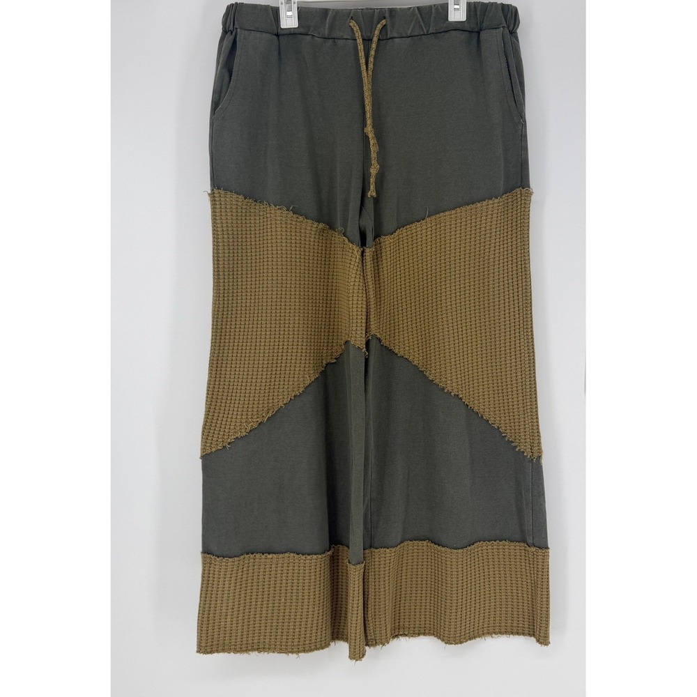 POL Patchwork Pants Women Large Olive Green Waffle Knit Wide Leg Boho Art Cotton - Picture 2 of 6